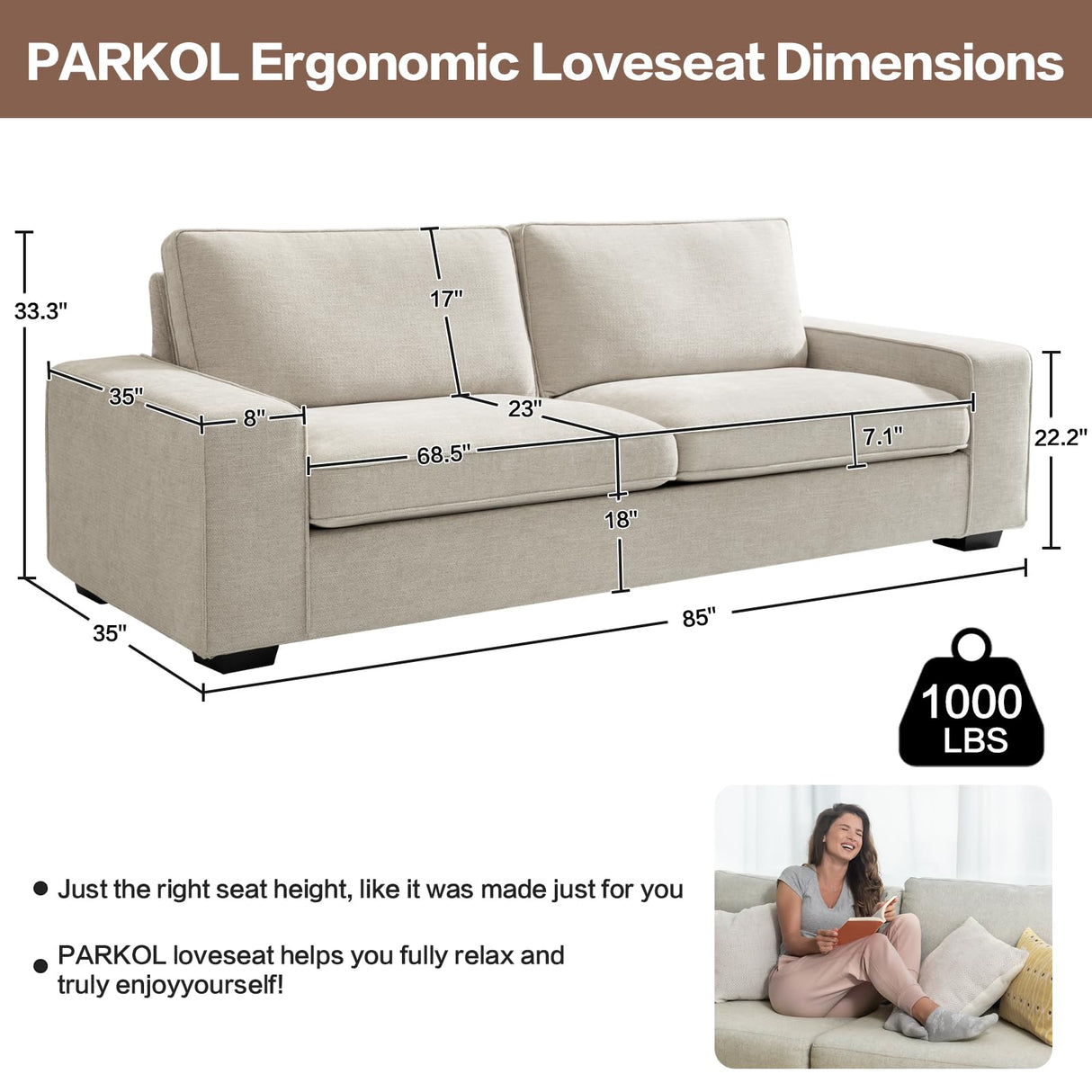 PARKOL 88" Modern Loveseat Sofa, 3 Seater Couch with Removeable and Washable Cushion Cover, Chenille Love Seat for Living Room, Apartment and Small Space, Easy to Install (Beige)