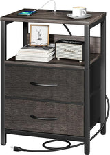 Nightstand with Charging Station, Small Night Stand with Fabric Drawers