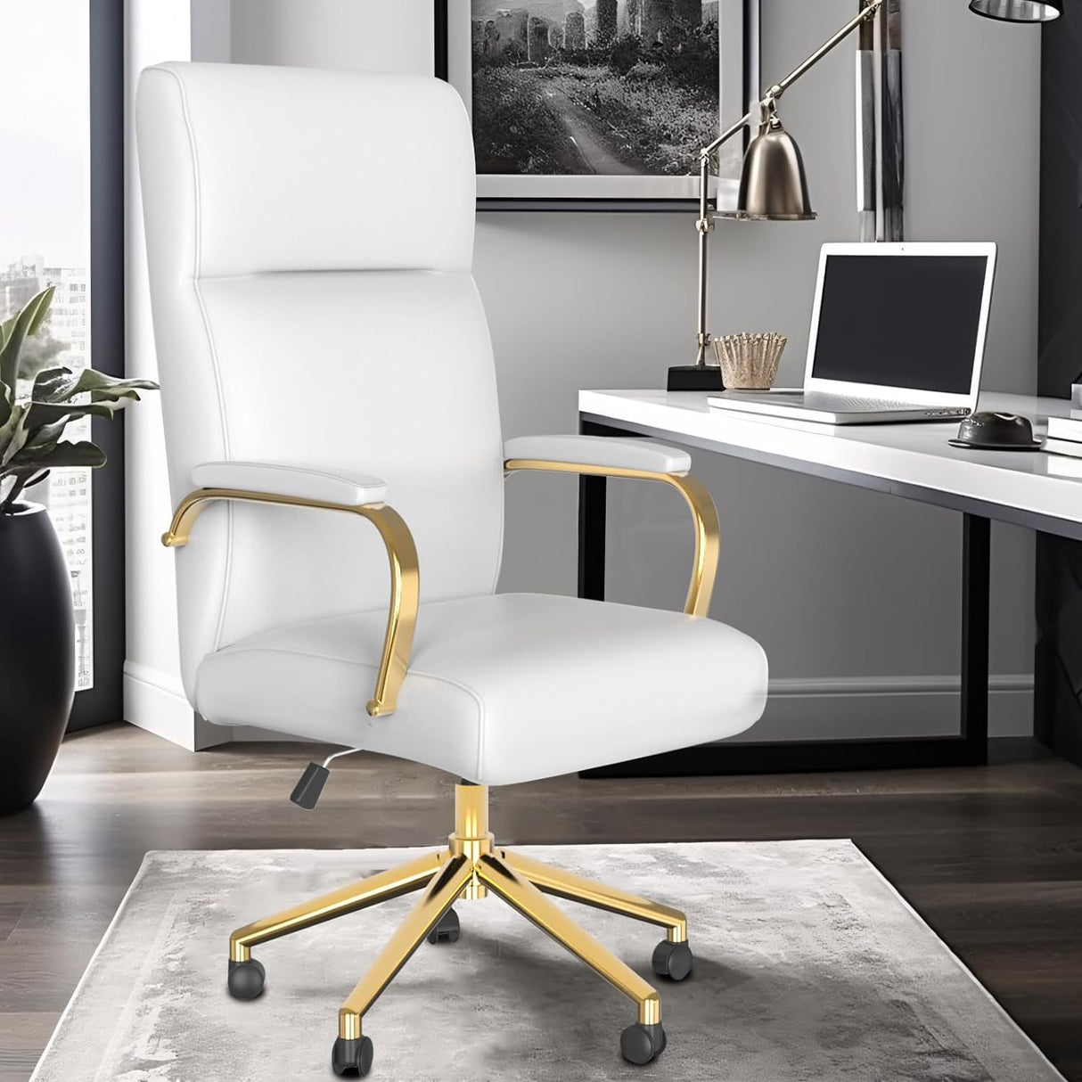 Executive Office Chair, White Leather Office Chair with Arms and Wheels