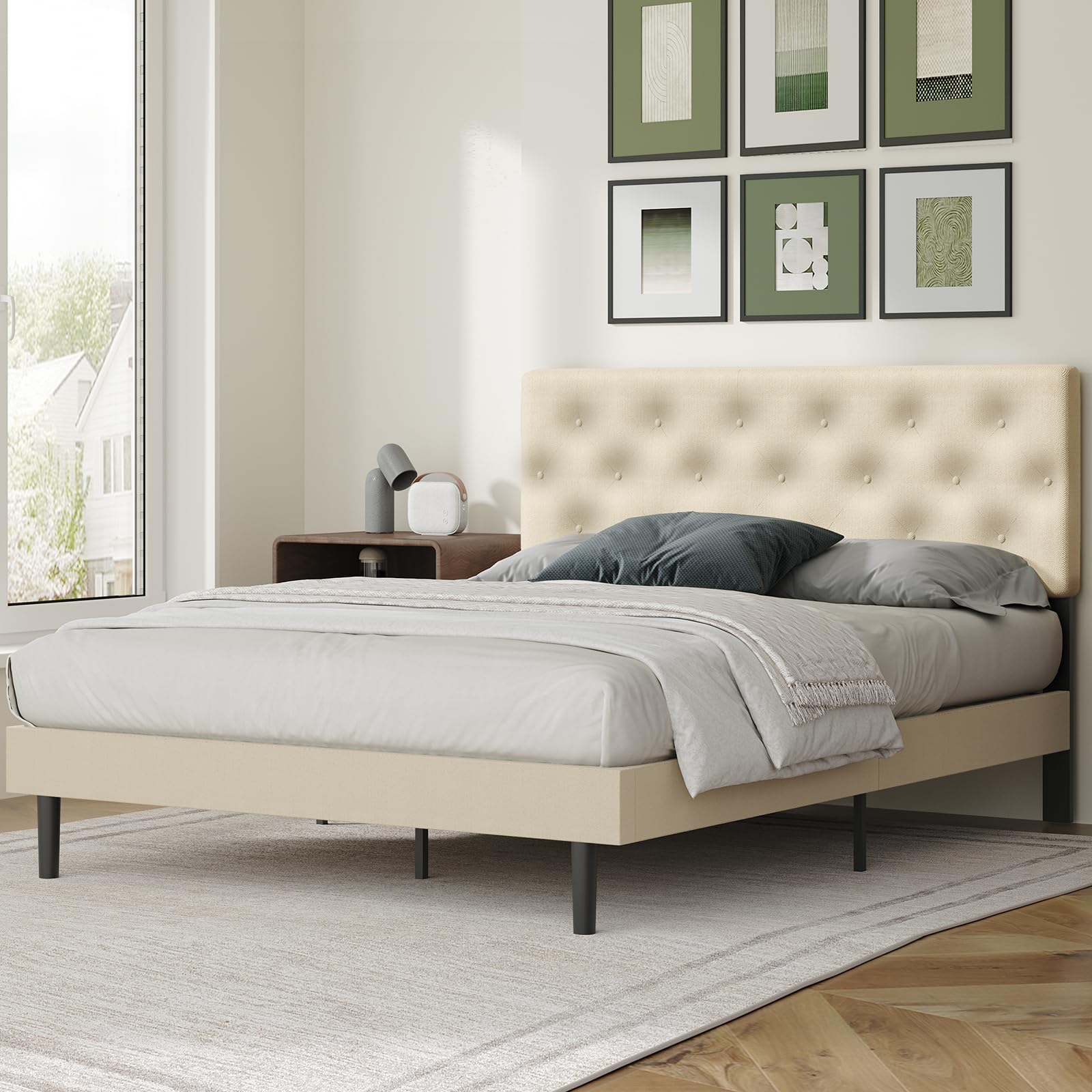 Size Platform Bed Frame with Button Tufted Headboard