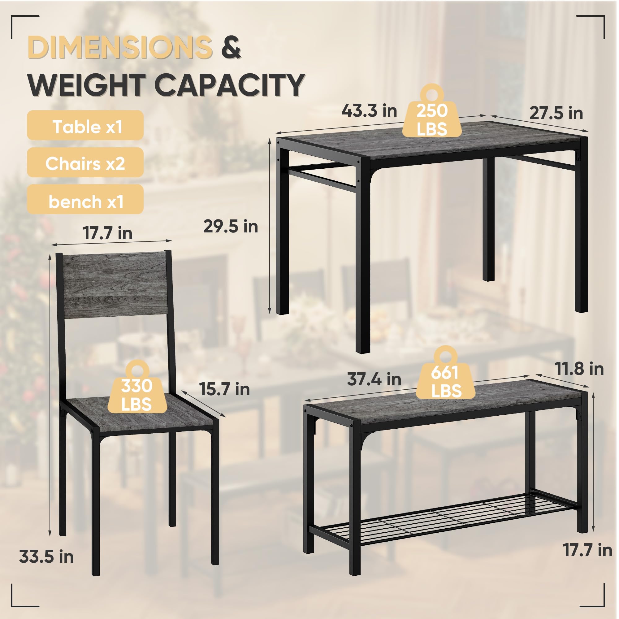 4-Piece Dining Set - Table, Chairs & Bench