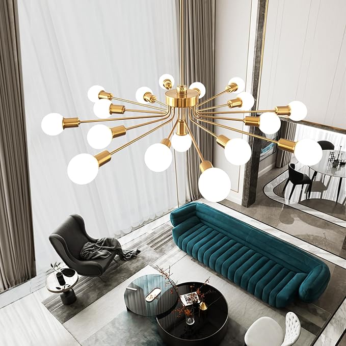 9 lights Gold chandelier，high ceiling chandelier dining room，sputnik dining room