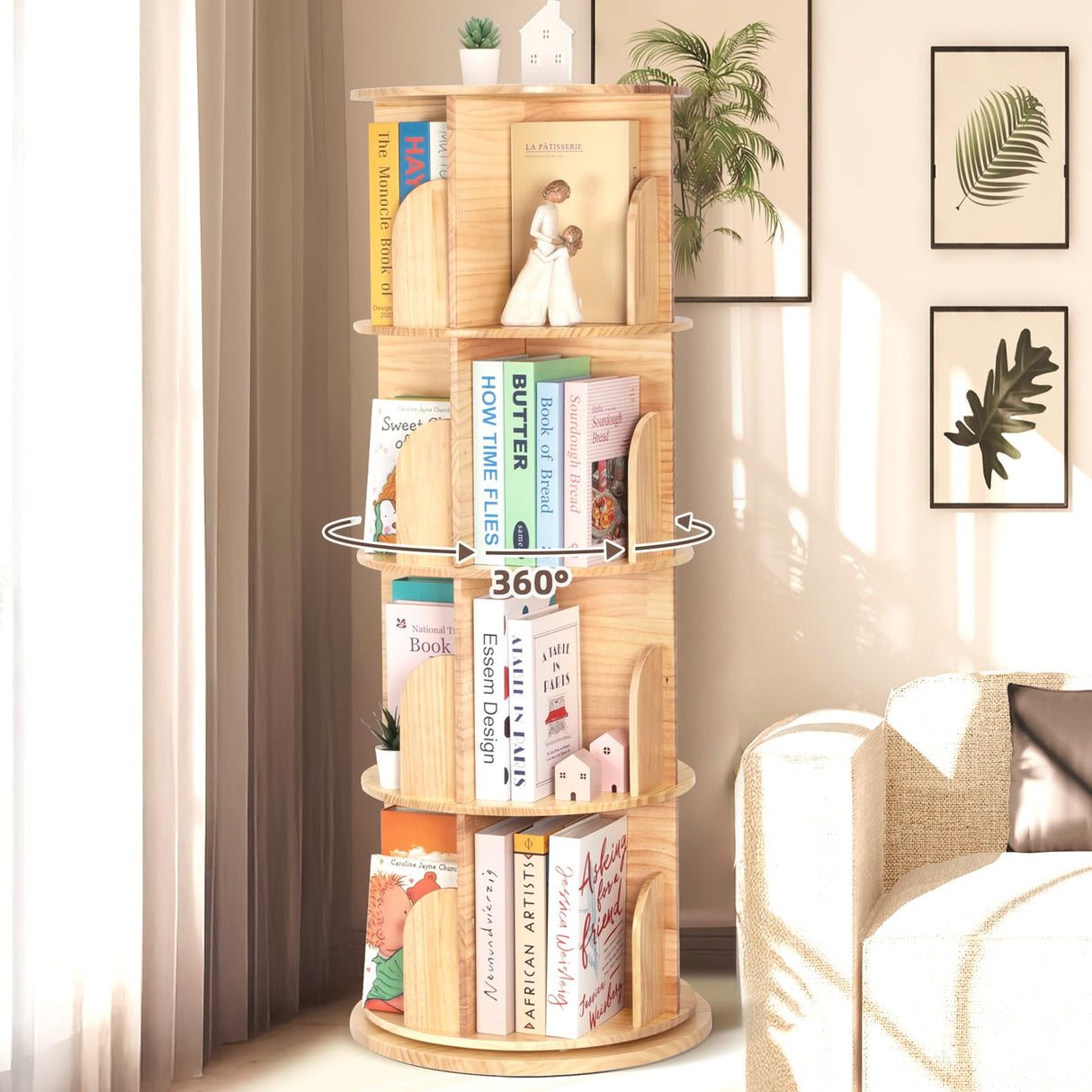 Solid Wood Rotating Bookshelf Tower, Spinning Bookshelf with Large Capacity for Small Space, 360° Display 4 Tier Thick Corner Shelf with Texture for Office, Bedroom, Reading Room, Living Room