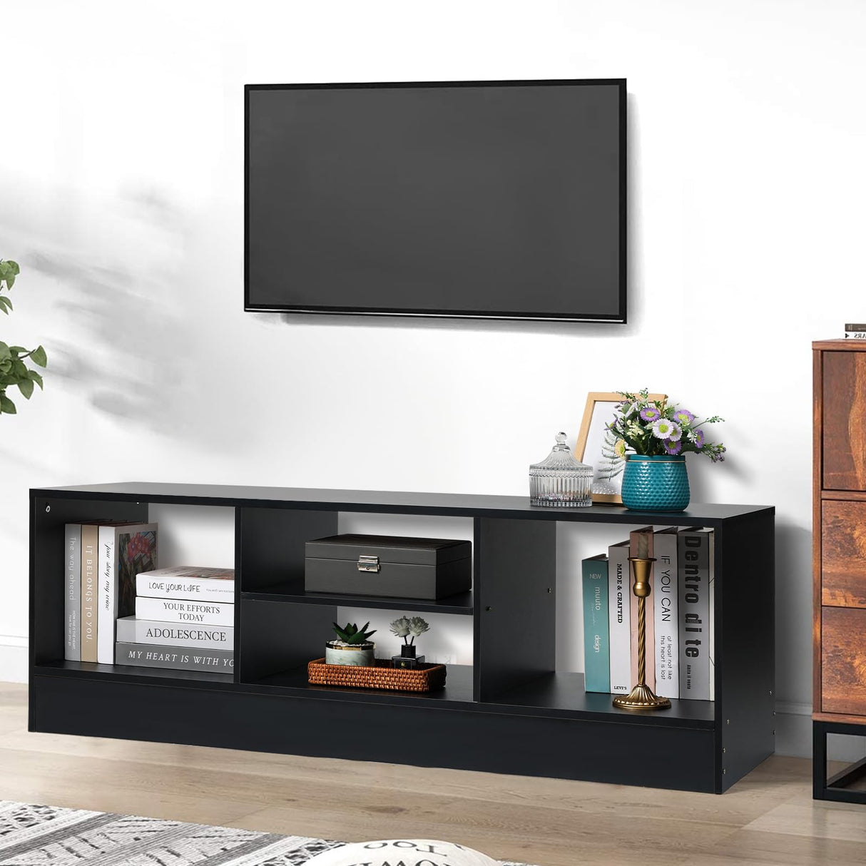 KIOMIMI Modern 47.2’’ TV Stand, Black Entertainment Center with Storage Cabinets, Media Console for Living Room, Bedroom, Office