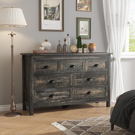 Farmhouse 7 Drawer Dresser for Bedroom, Antique Double Dresser & Chest