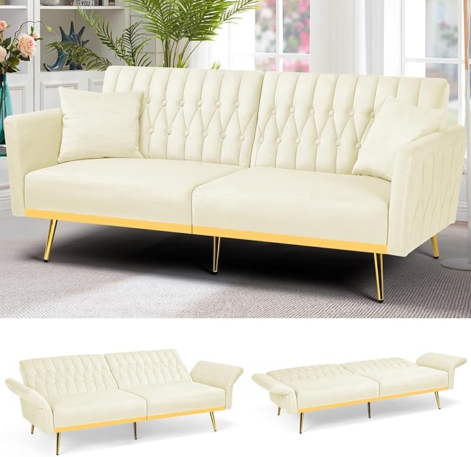 70” Velvet Futon Sofa Bed with 2 Pillows and Adjustable Armrests, Convertible Sleeper Bed