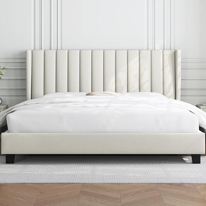 Queen Bed Frame Upholstered Platform Bed with Fabric Headboard,