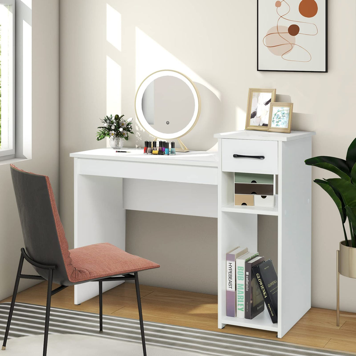 Desk with Storage Drawer & Shelves, Compact Desk for Small Space, Modern Wooden Study Desk Writing Desk with Storage Drawer & Compartments, PC Laptop Desk Small Desk for Bedroom