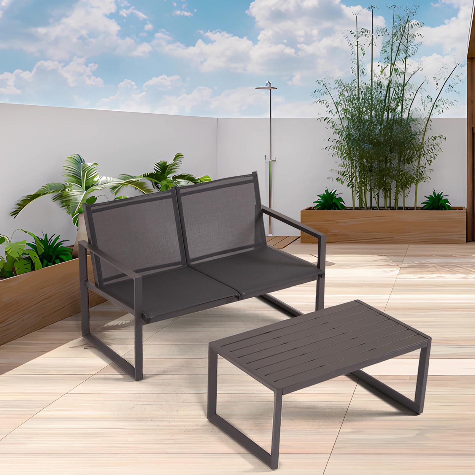 Textilene Outdoor Couch Patio Sofa, Patio Loveseat with Coffee Table, Coversation Set