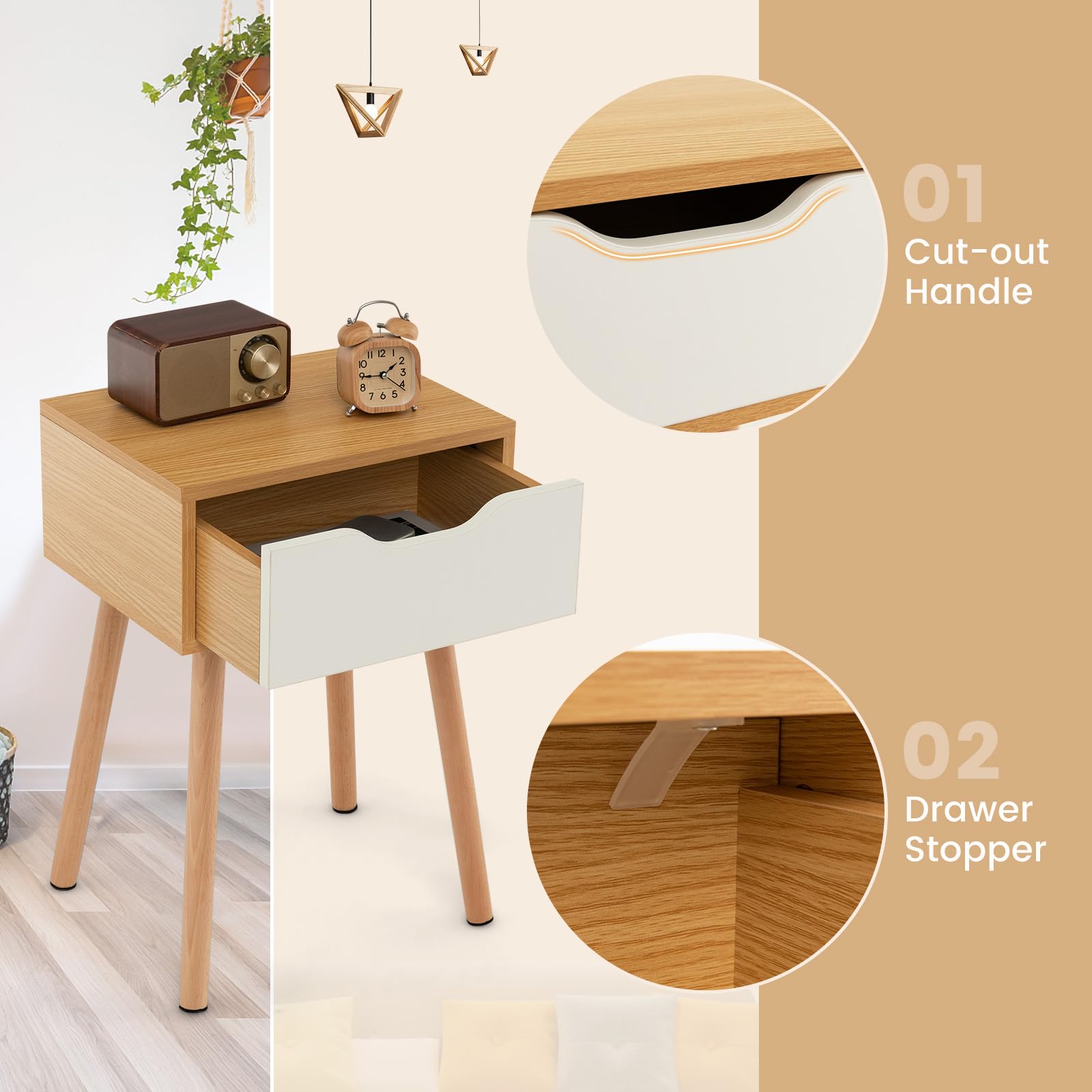 Nightstand Set of 2 with Drawer, Mid Century Modern Bedside Table