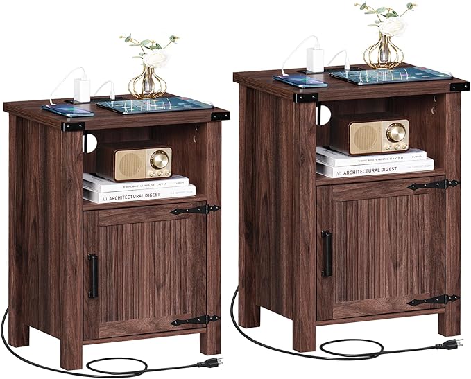 Night Stand Set of 2, 18 Inch Farmhouse Nightstand with with Charging Station and USB