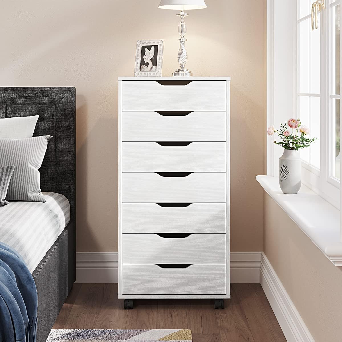 5/7 Drawer Chest, Wooden Tall Dresser Storage Dresser Cabinet with Wheels