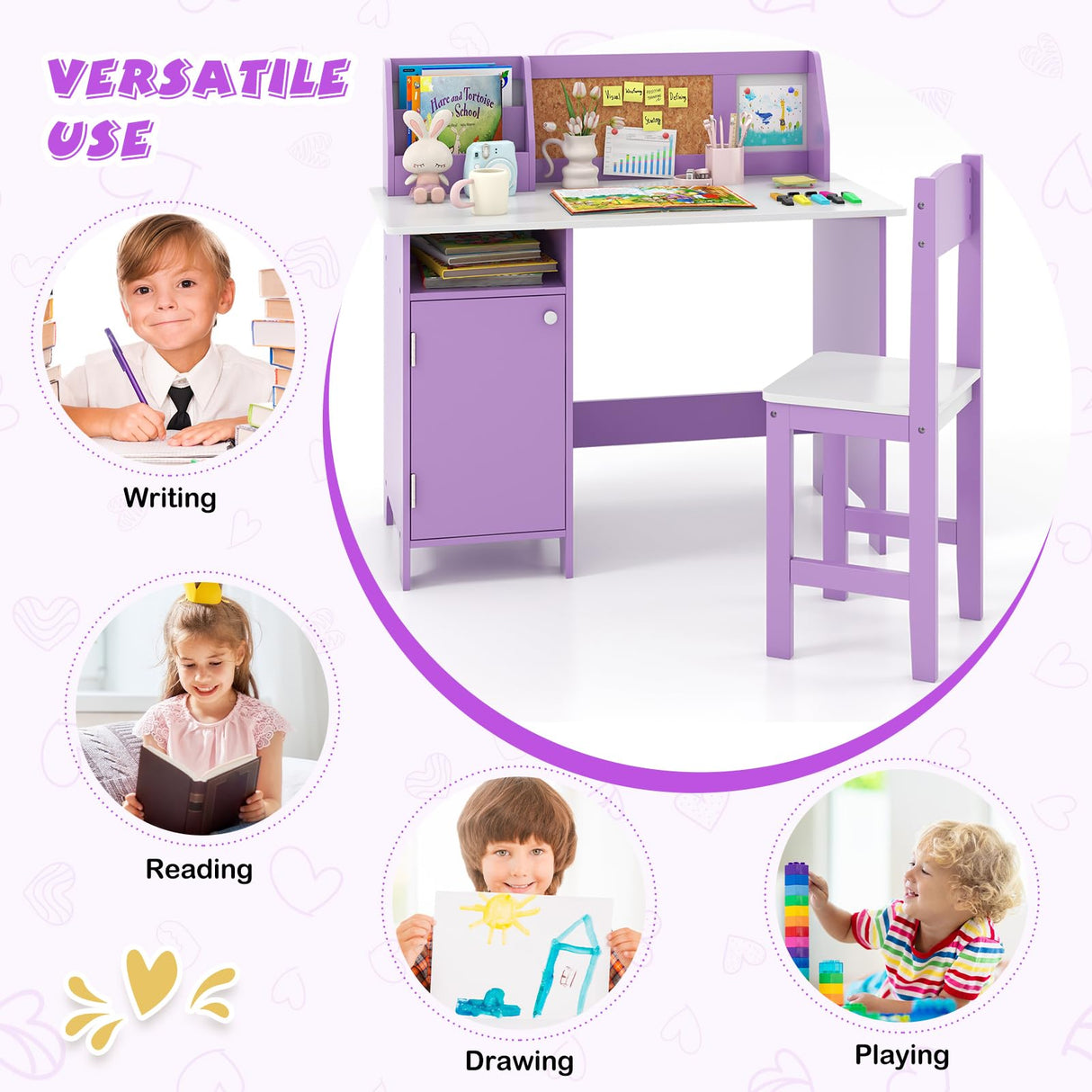 Kids Desk and Chair Set, Wooden Children Study Table with Storage, Hutch