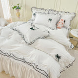 White Duvet Cover Full Size, Ruffle Beddding Set with Bowtie