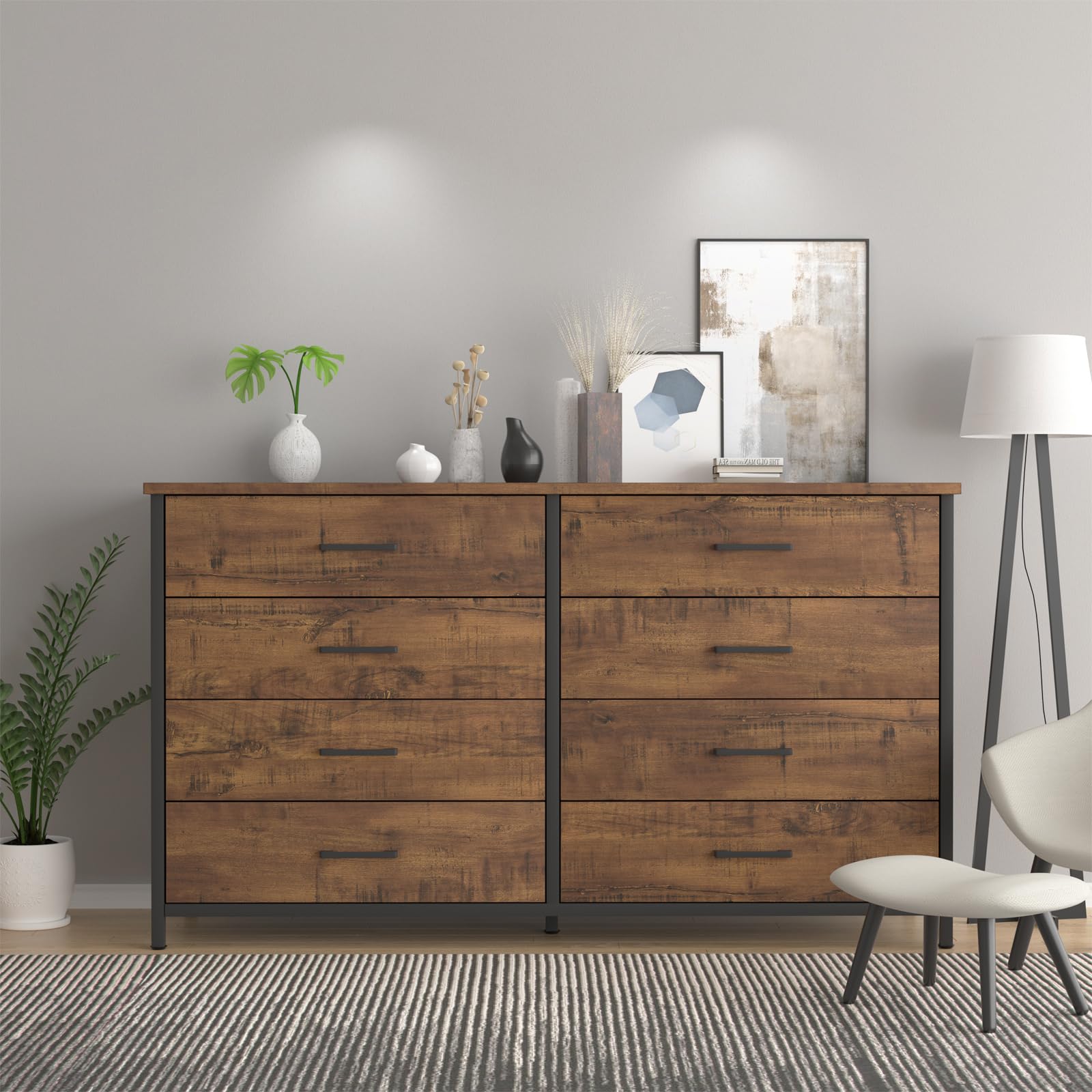 8 Drawer Double Dresser, 55 inch Industrial Wood Storage Dressers & Chests of Drawers