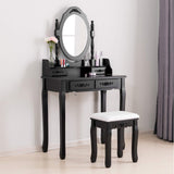 Table,Makeup Dressing Table with Oval Mirror,Bedroom Vanity Set w/Cushioned Stool 4 Drawers Women Girls Kids Black