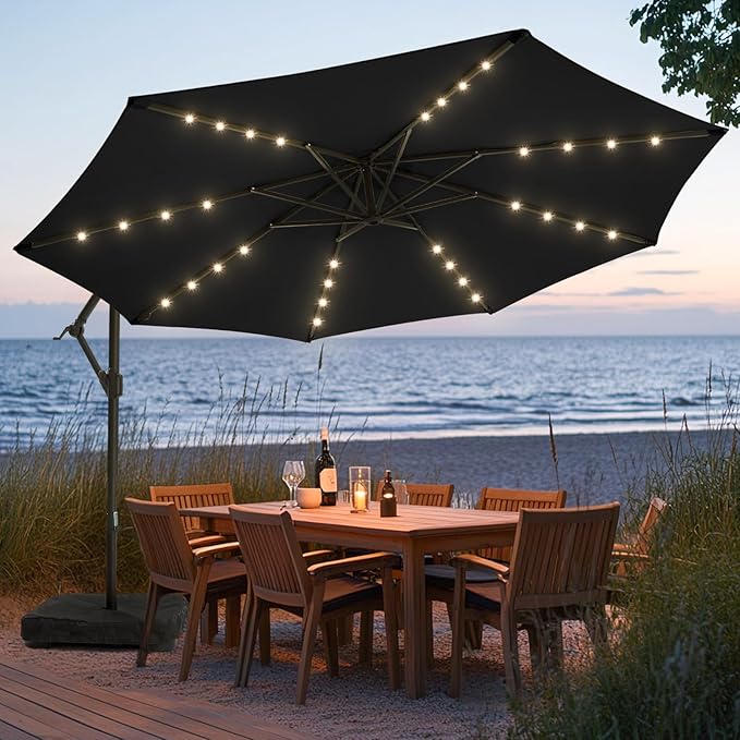 10FT Solar Patio Offset Umbrella with Base Included, Outdoor Cantilever Umbrella Hanging
