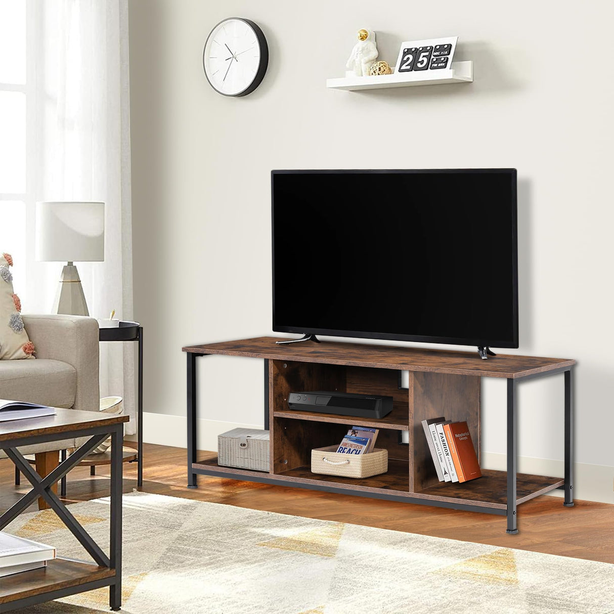 TV Stand for Up to 50 Inch TVs, Accent TV Cabinet with Open Shelf for Living Room, Media Center, Steel Frame, Rustic Brown and Black