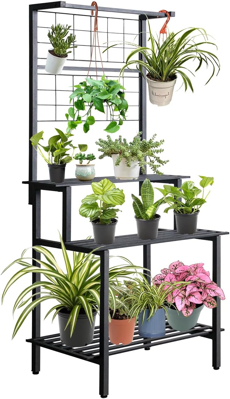 3 Tier Heavy Duty Metal Hanging Plant Shelves Indoor Outdoor with Bar, Tall Plant Stand Stand for Vines and Flowers, Multi-Layer Plant Stand for Living Room and Garden, Easy Place Large Planters