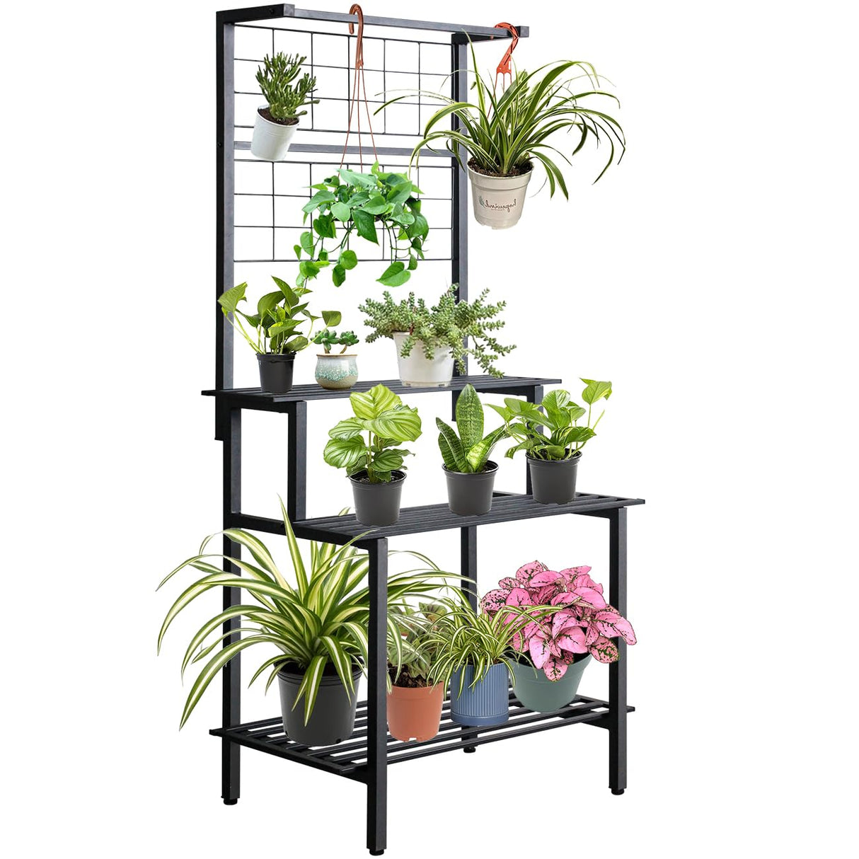 3 Tier Heavy Duty Metal Hanging Plant Shelves Indoor Outdoor with Bar, Tall Plant Stand Stand for Vines and Flowers, Multi-Layer Plant Stand for Living Room and Garden, Easy Place Large Planters