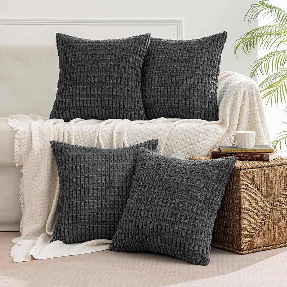 Pack of 4 Dark Grey Corduroy Decorative Throw Pillow Covers 18x18 Inch Soft Boho Striped