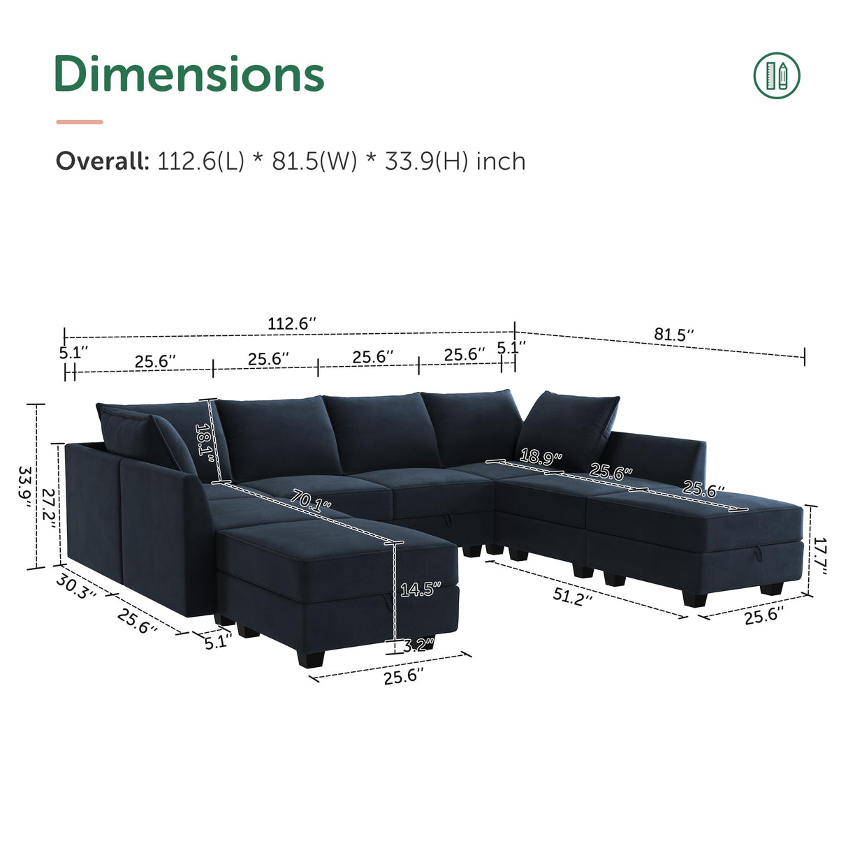 Modular Sectional Sofa with Ottoman Oversized U Shaped Couch with Reversible Chaise