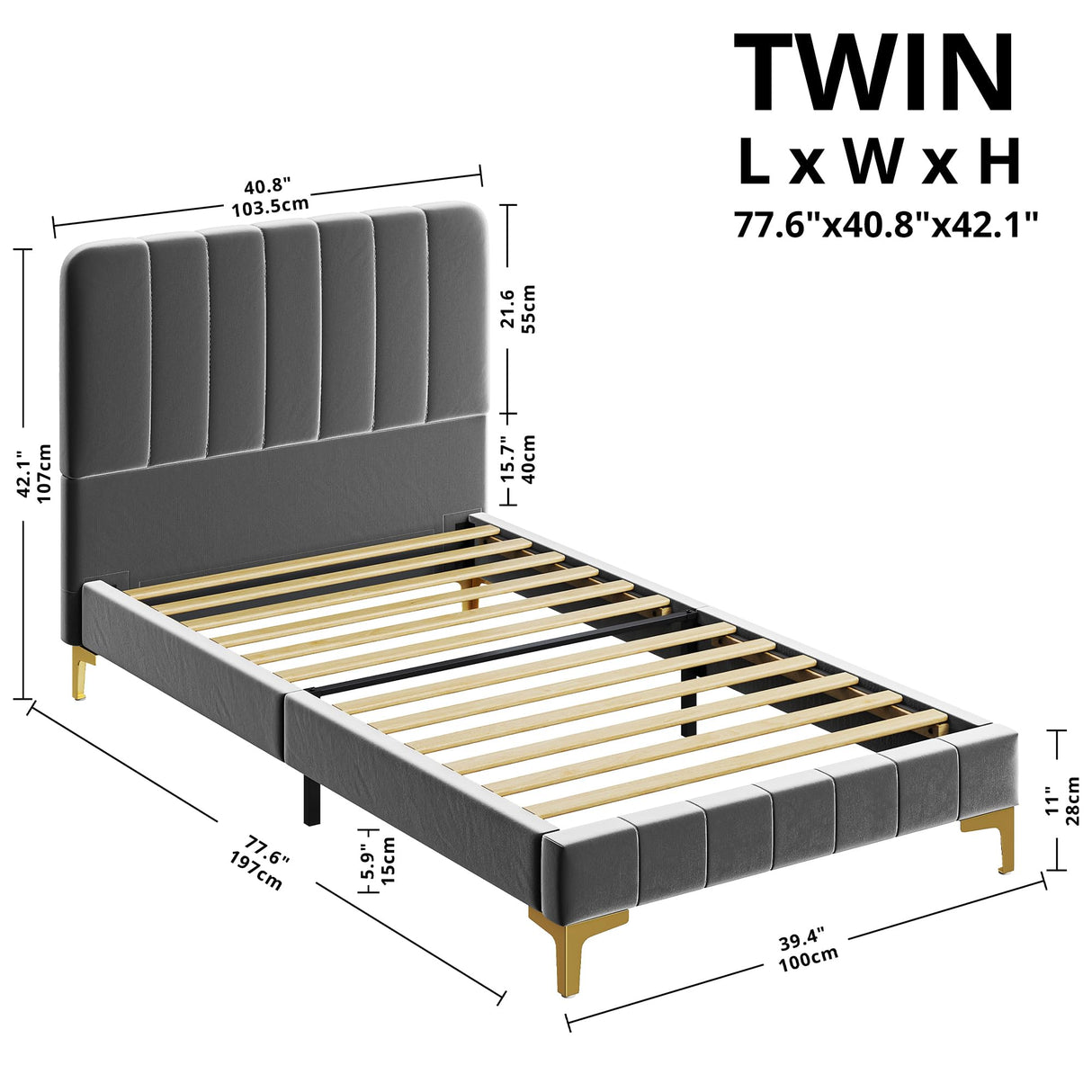 Twin Bed Frames, Modern Velvet Upholstered Platform Bed with Headboard, Soft Rounded