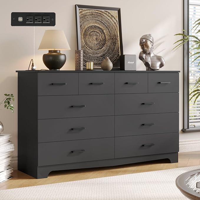 Black Dresser for Bedroom with 10 Drawers, Large Chest of Drawers Storage Organizer