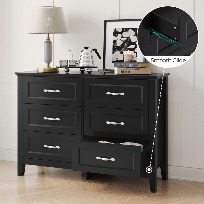 Black Dresser for Bedroom Long Dresser with 6 Drawers