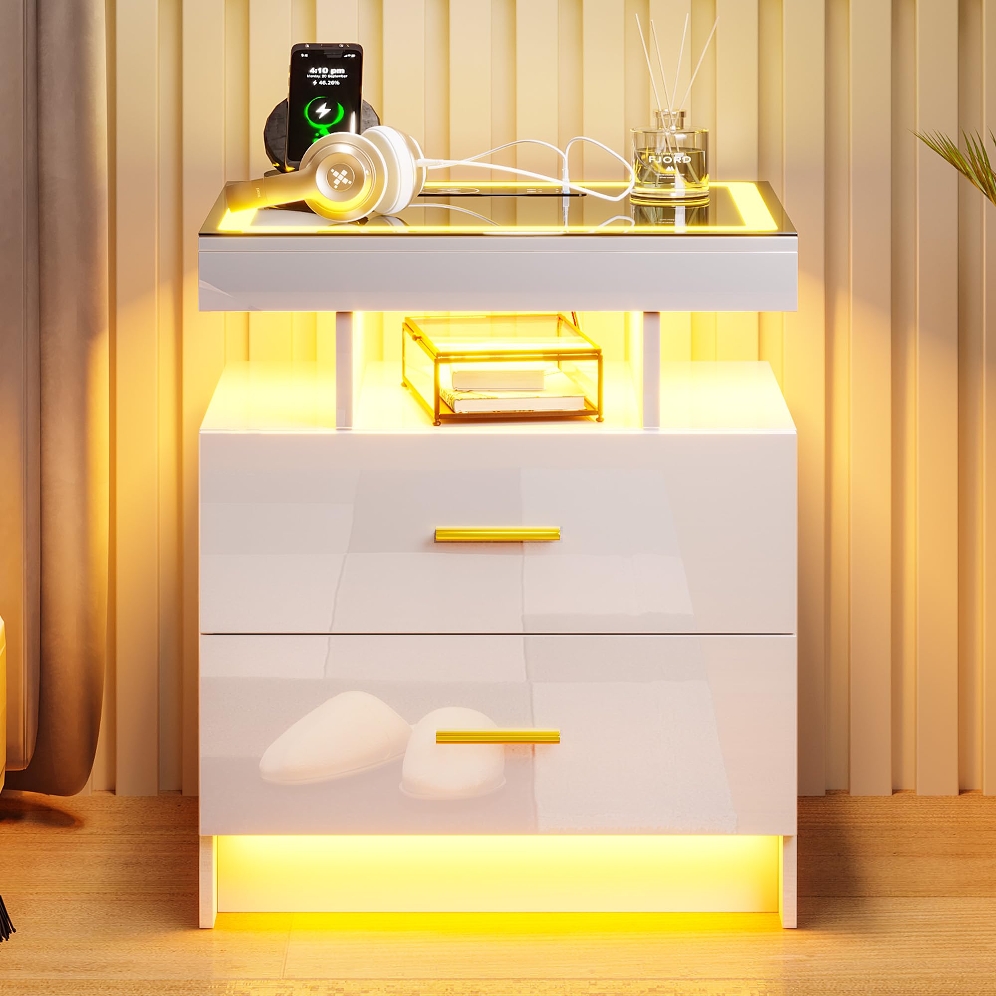 LED Nightstand with Charging Station (USB,Type-C Ports) High Gloss Bedside Table with 2