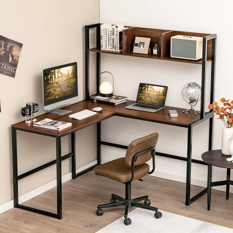 Reversible L-Shaped Desk with Hutch, Space Saving Corner Computer Desk with Storage Shelves, Home Office Study Writing Desk Computer Workstation with Storage Bookshelf, Gaming Desk