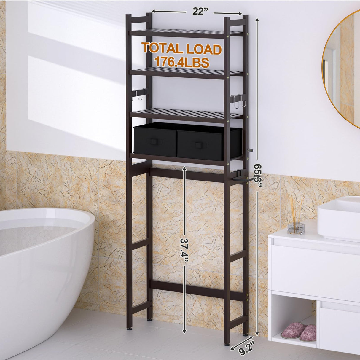 Cozivolife Over The Toilet Storage with 2 Baskets,4-Tier Bamboo Over Toilet Organizer Rack with Paper Holder & 4 Hooks & Waterproof Feet Pad,Freestanding Above Toilet Shelf for Bathroom(Brown)