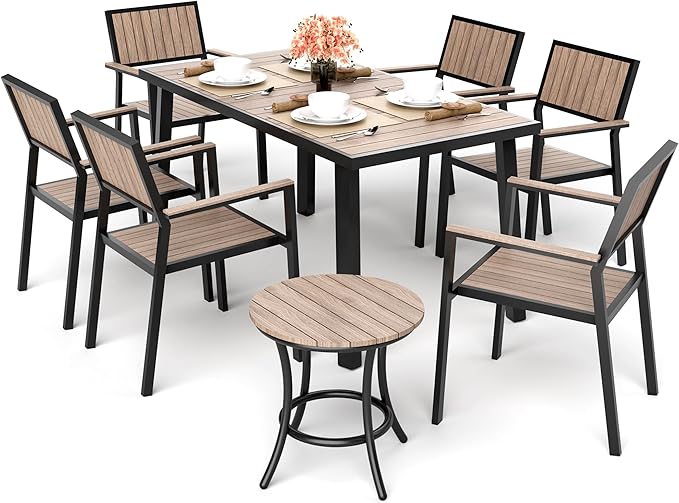 8-Piece Patio Dining Set，Outdoor Aluminum Furniture Set with Plastic-Wood Table Top