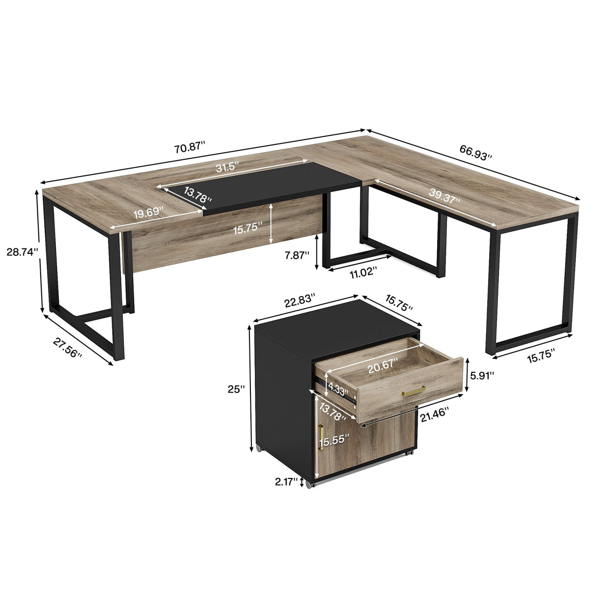 70.8-Inch Executive Desk with Mobile File Cabinet, Large L Shaped Computer Desk