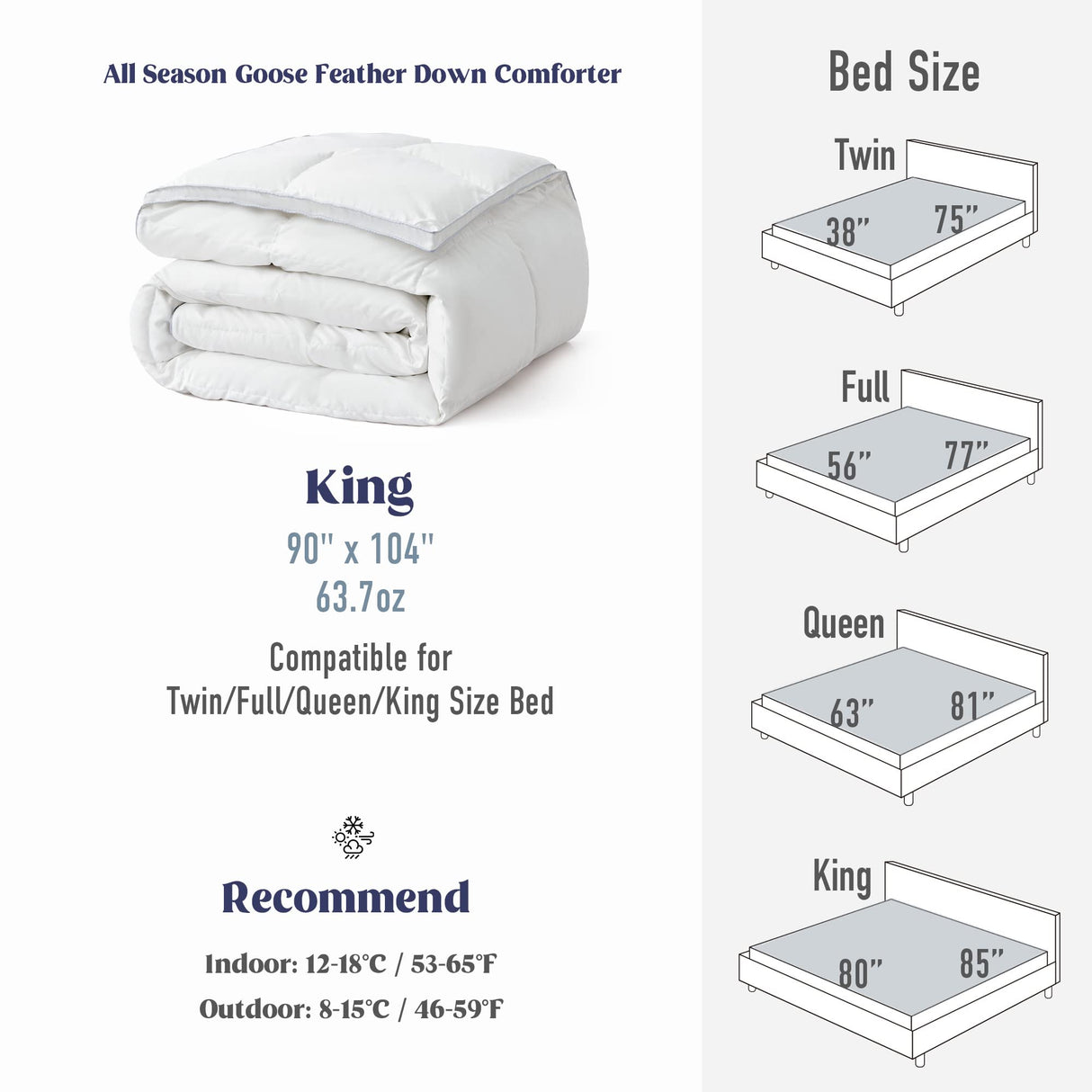 puredown® Goose Feather Comforter King Size, All Season Duvet Insert, Gusseted Ultra-Soft Noiseless Shell Medium WarmthBedding Comforters 104×90 Inch