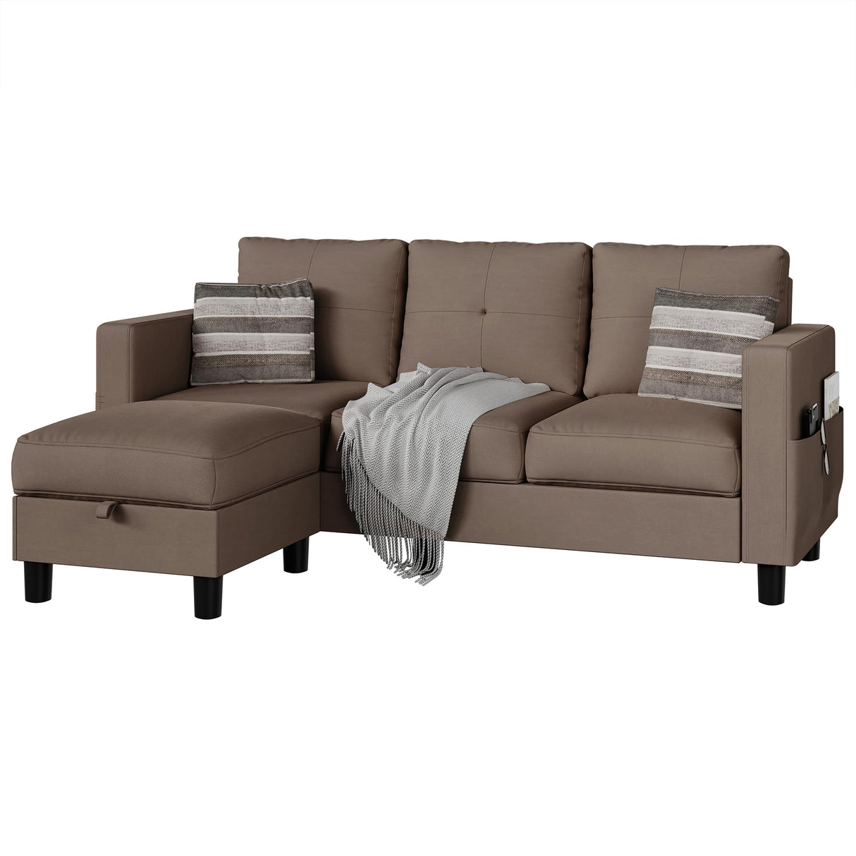 JY QAQA Convertible Sectional Sofa Couch with 3-Seat Sofa, L-Shaped Ottoman Couch with Modern Linen Fabric for Small Living Room, Apartment and Small Space(Brown