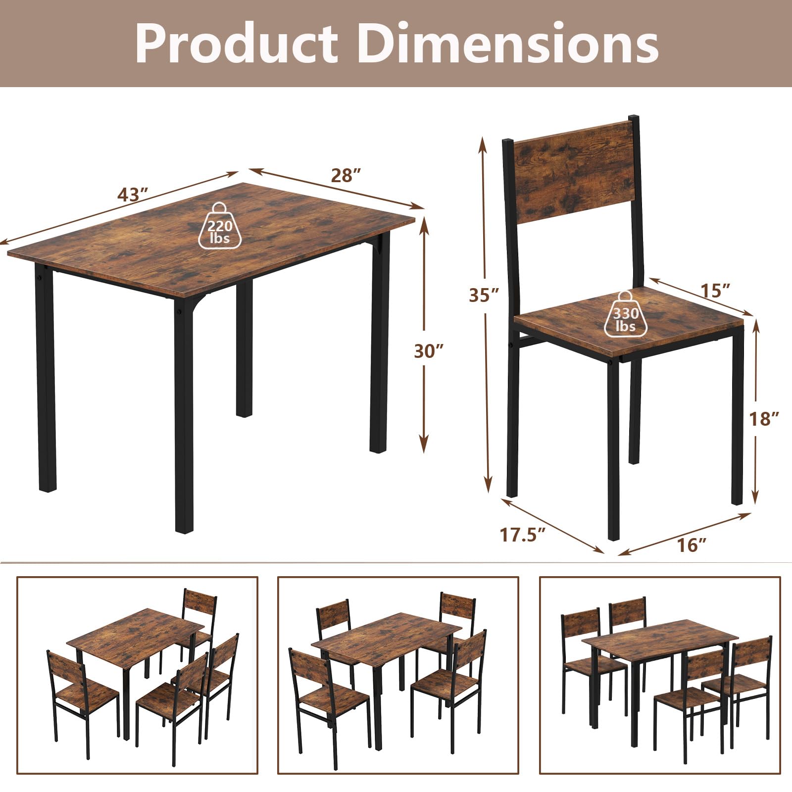 5-Piece Industrial Dining Set - Rustic Brown