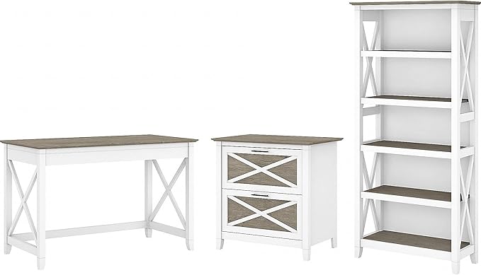 Key West 48W Writing Desk with 2 Drawer Lateral File Cabinet and 5 Shelf Bookcase