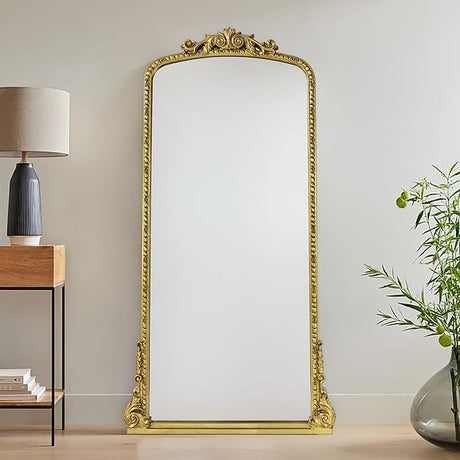 Traditional Ornate Floor Mirror Gold Arched Framed Full Length Wall Mirror Baroque Inspired Full Body Mirror