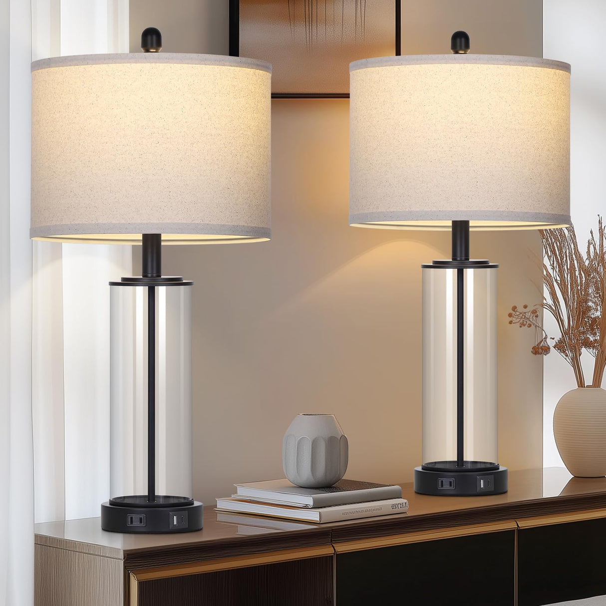 26" Black Glass Table Lamps Set of 2, 3-Way Dimmable Touch Control Living Room Lamp