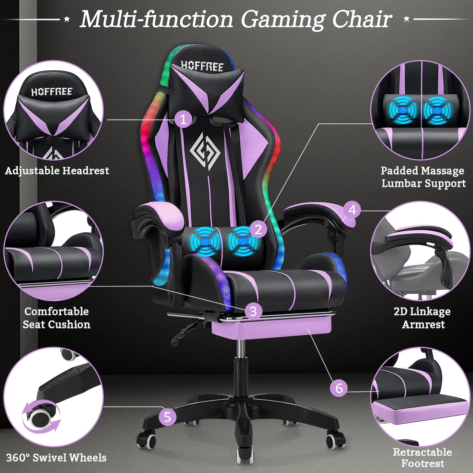 Ergonomic Gaming Chair with Bluetooth Speakers, LED RGB Lights & Massage