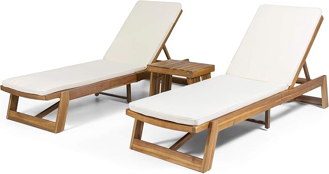 Eugene Outdoor Acacia Wood 3 Piece Chaise Lounge Set, Teak Finish, Yellow, Cream