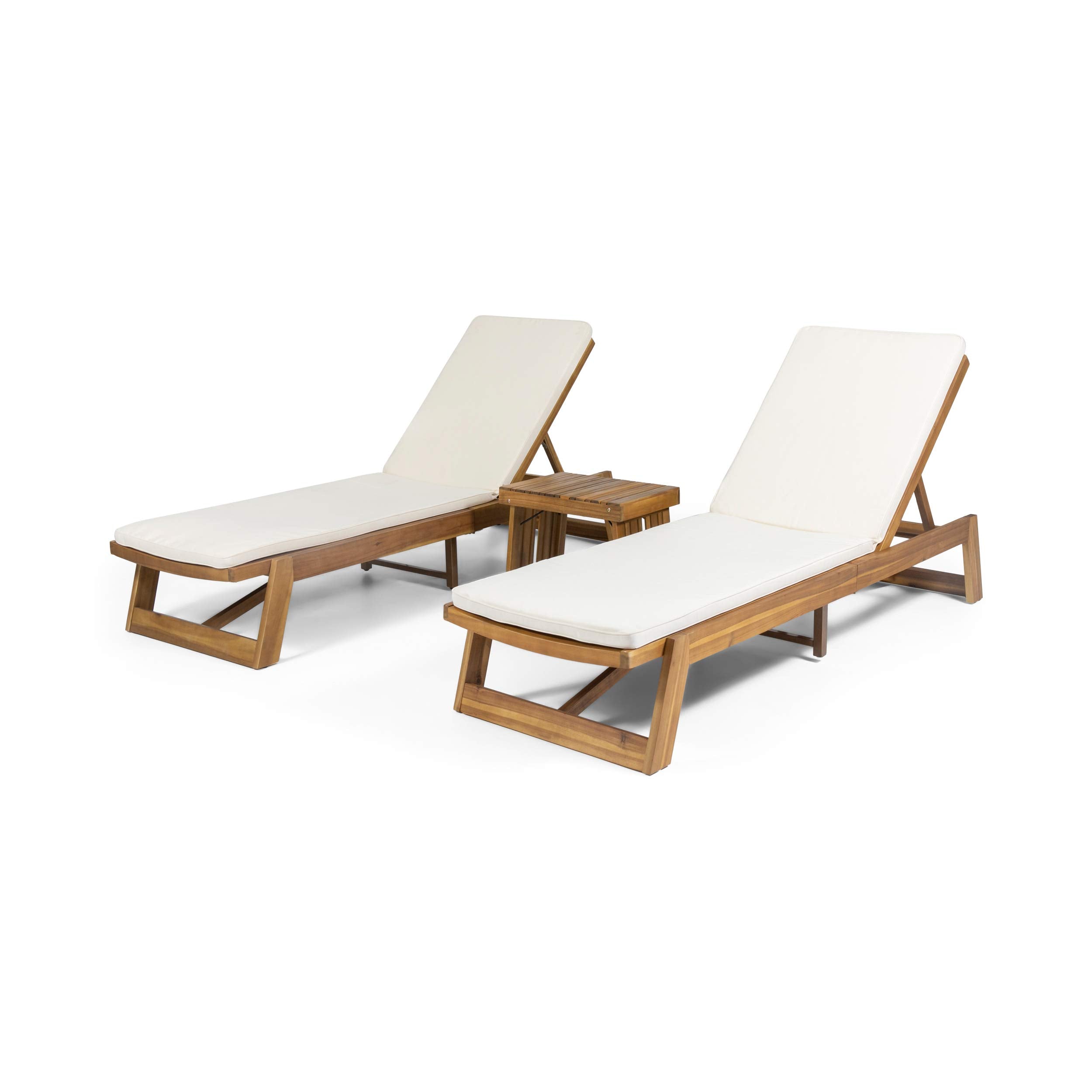 Eugene Outdoor Acacia Wood 3 Piece Chaise Lounge Set, Teak Finish, Yellow, Cream