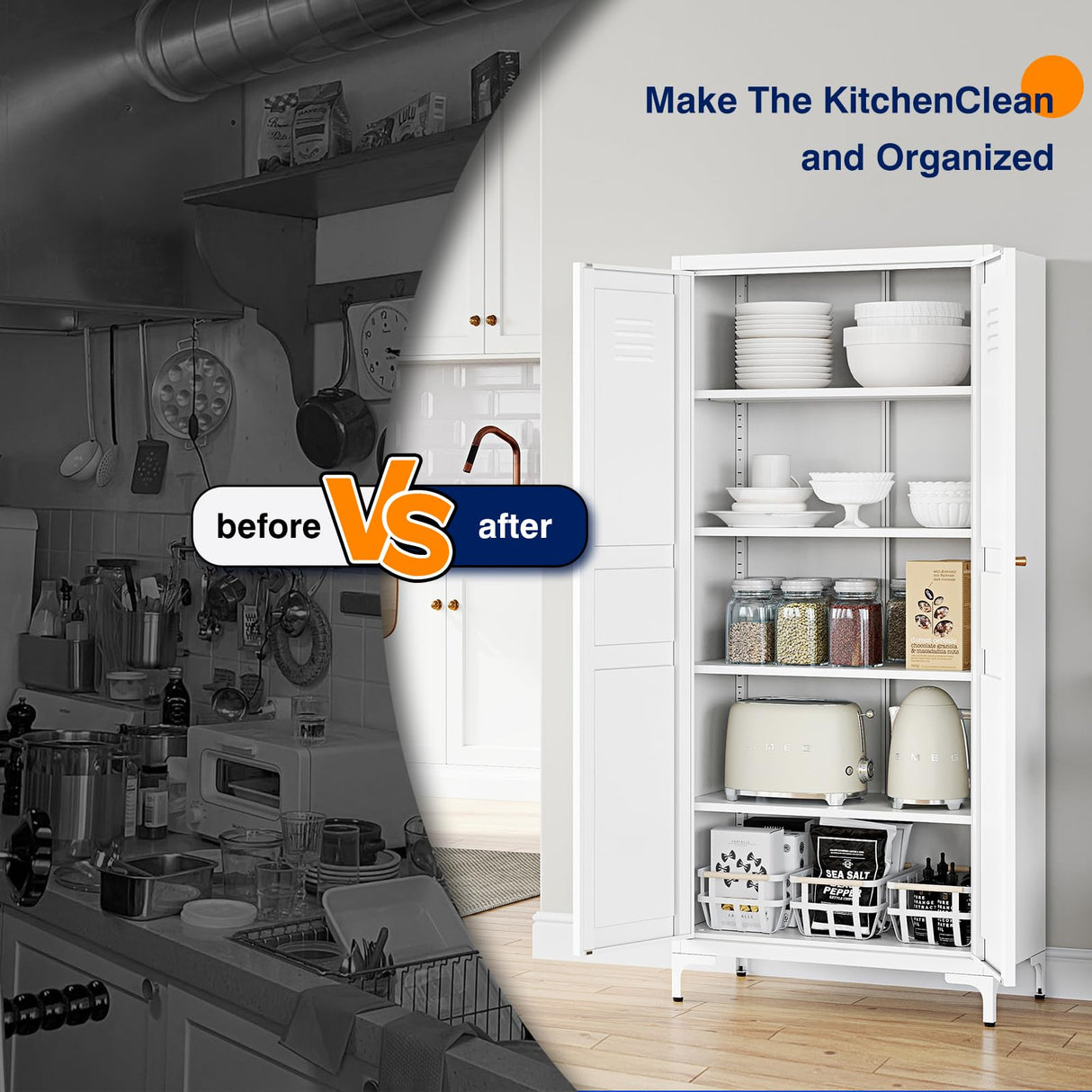 Metal Storage Cabinet with 2 Doors and 4 Adjustable Shelves - 61" White Locking