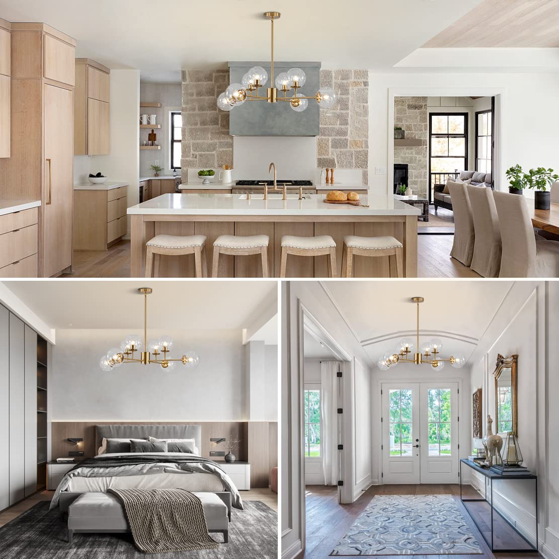 BOKT Modern 8-Lights Clear Globe Gold Chandelier Mid Century Brushed Brass Sputnik