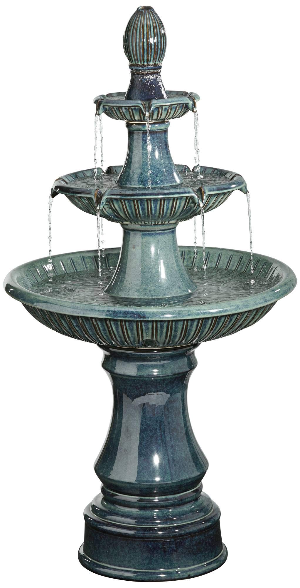 Modern Outdoor Cascading Floor Water Fountain with LED Light 3-Tier Teal Blue Ceramic 46"