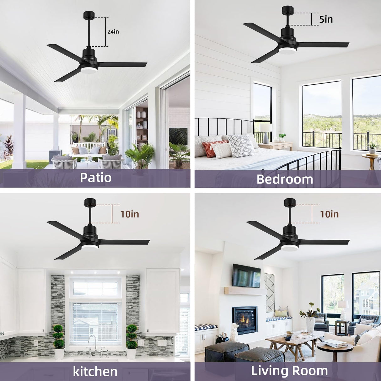 Ceiling Fans with Lights and Remote, 52 Inch Black Ceiling Fan with Remote 6 Speed