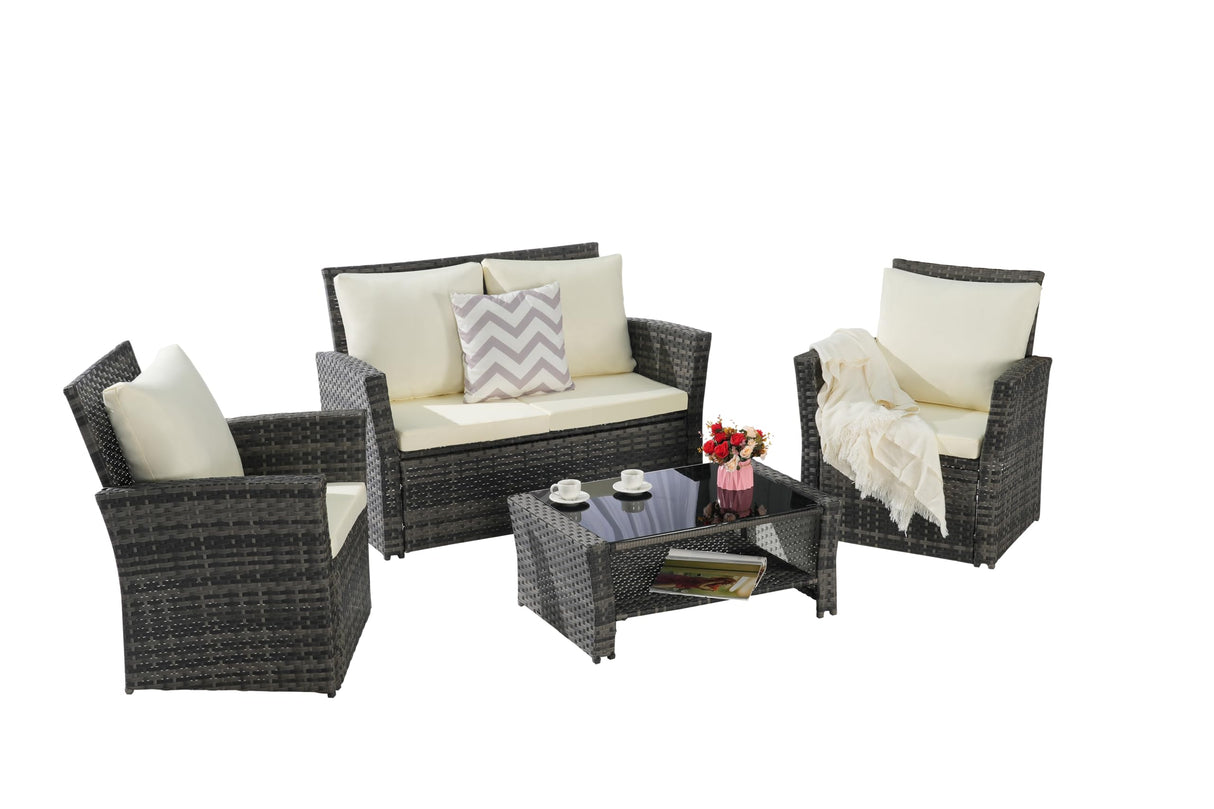 4 Pieces Outdoor Patio Furniture Set with Rattan Chairs and Tempered Glass Table