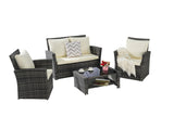 4 Pieces Outdoor Patio Furniture Set with Rattan Chairs and Tempered Glass Table