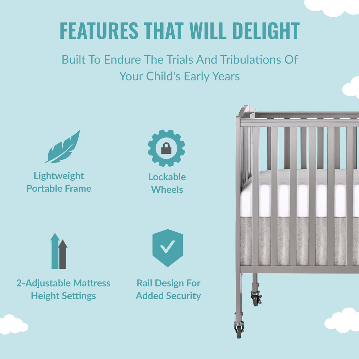 Folding Full Size Convenience Crib In Storm Grey, Two Adjustable Mattress